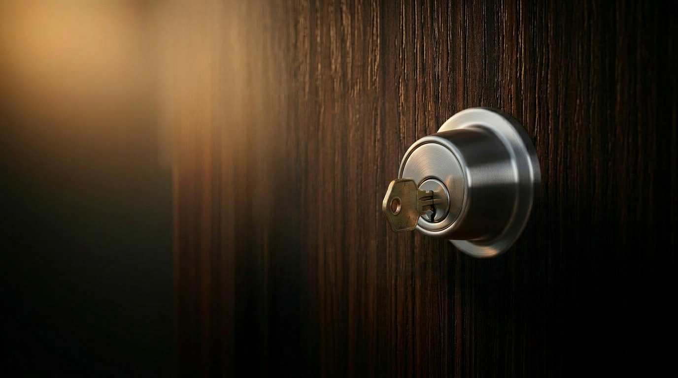 Brass key in a door lock